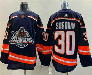 Men%27s New York Islanders #30 Ilya Sorokin Navy 2022 Reverse Retro Stitched Jersey->new york rangers->NHL Jersey